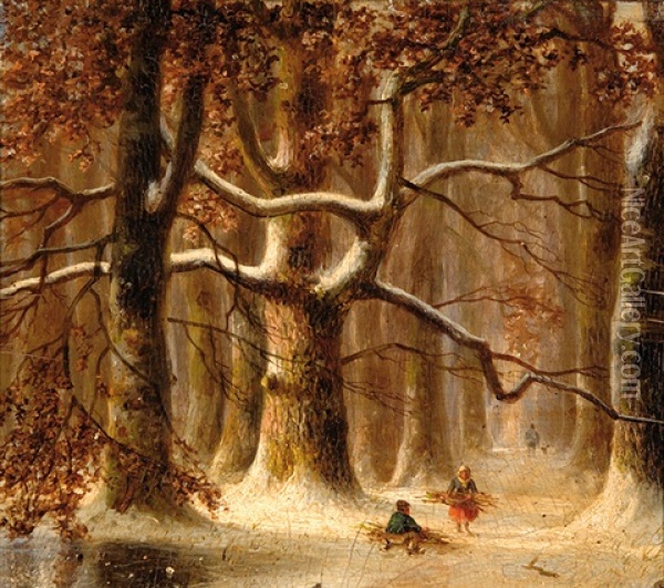 Gathering Wood In The Forest (+ A Conversation In The Forest, Smllr; 2 Works) Oil Painting - Nicolaas Johannes Roosenboom