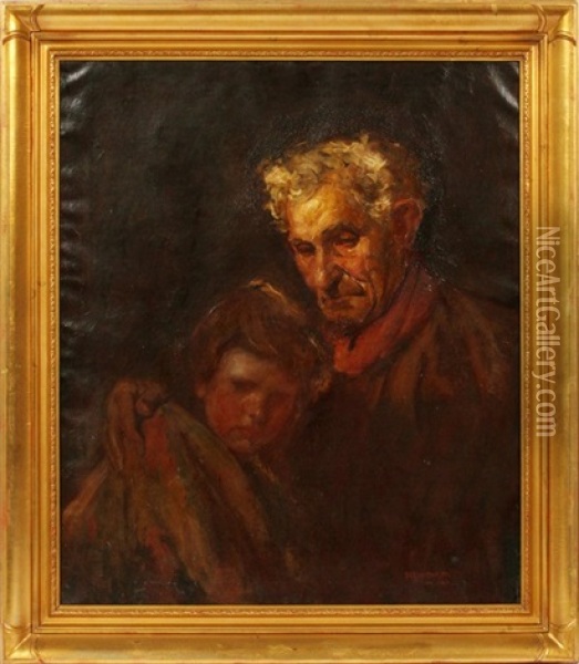 Man With Young Child Oil Painting - Myron Barlow