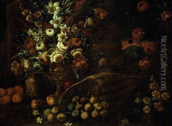 Blumentstraus In Einer Prunkvase Und Ein Korb Mit Fruchten In Einer Landschaft Oil Painting - Andrea Malinconico