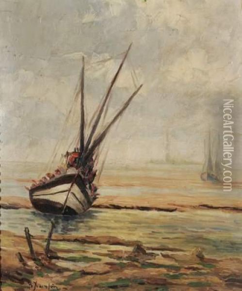 Barque De Peche Sur La Plage Oil Painting - Vassilios Chatzis