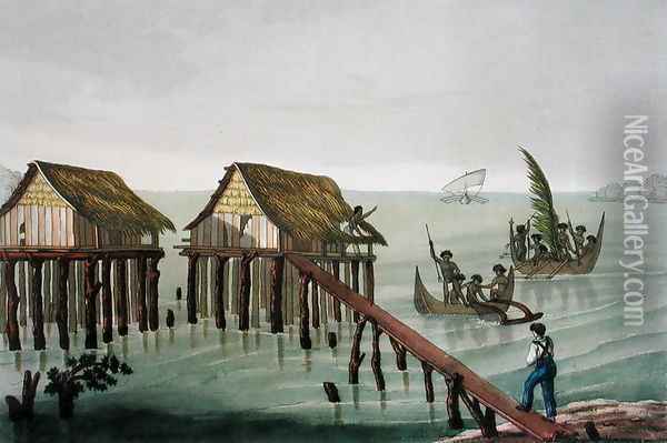Habitations of the Papu Tribe, Rawak, plate 22 from Le Costume Ancien et Moderne by Jules Ferrario, published c.1820s-30s Oil Painting - Vittorio Raineri