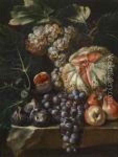 A Still Life With Fruit On A Stone Parapet Oil Painting - Michele Pace Del (Michelangelo di) Campidoglio