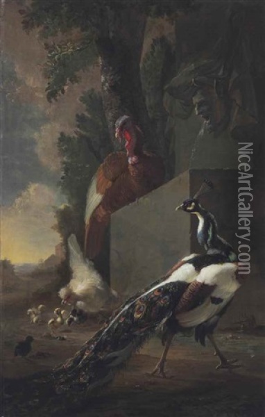 A Turkey, An Ornamental Peacock, A Hen And Four Chicks Before A Stone Fountain In A Wooded Landscape Oil Painting - Abraham Bisschop