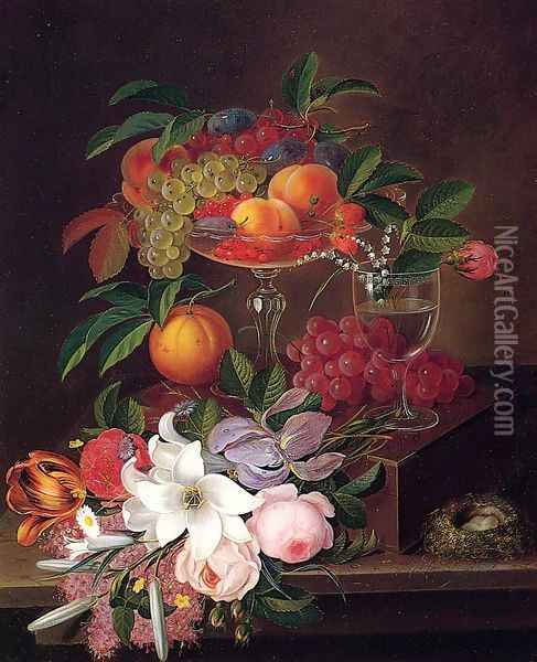 Still Life with Fruit, Flowers and Bird's Nest Oil Painting - George Forster