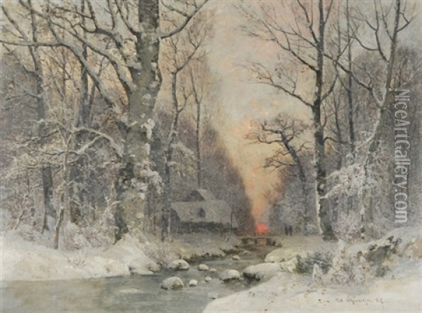 Winterliche Bachlandschaft Mit Haus Und Figurenstaffage Im Abendrot Oil Painting - Adolf Gustav Schweitzer