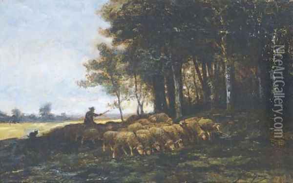 A shepherd and his flock at the edge of a forest Oil Painting - Charles Emile Jacque