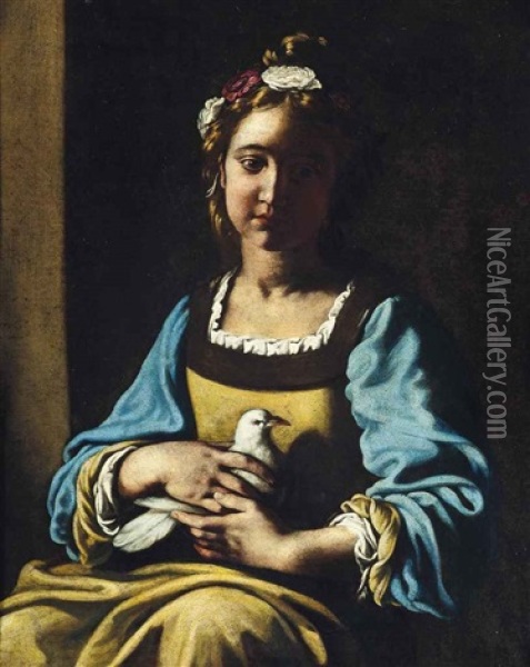 Portrait Of A Girl, Half-length, In A Green Dress With Blue Sleeves And A Garland Of Flowers In Her Hair, Holding A Dove In Her Lap Oil Painting - Antiveduto Grammatica