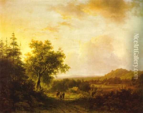 A Landscape At Sunset With Peasant And A Figure On Horseback In The Foreground Oil Painting - Johann Bernard Klombeck