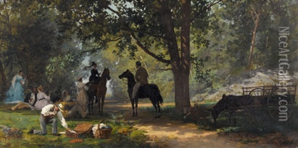 Feine Gesellschaft Beim Picknick Im Wald Oil Painting - Marie Francois Firmin-Girard