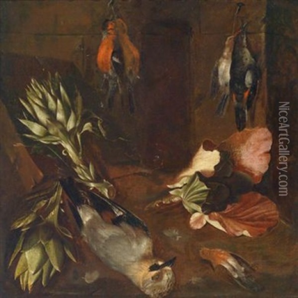 Ein Eichelhaher, Gimpel Und Artischocken (study) Oil Painting - Philipp Ferdinand de Hamilton