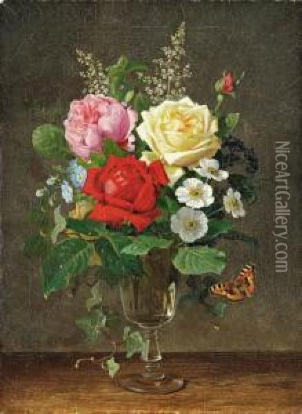 A Vase Of Roses With A Butterfly
Oil On Canvas Oil Painting - Olaf August Hermansen