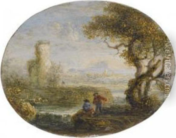 An Italianate River Landscape With Two Figures Fishing Oil Painting - Francois de Nome (Monsu, Desiderio)