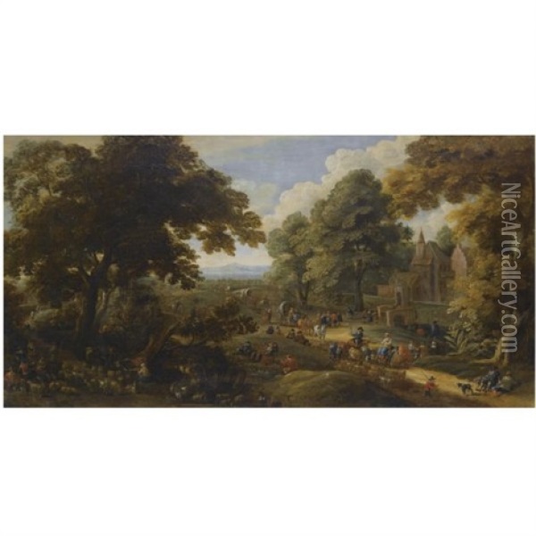 Landscape With Travellers Passing Through A Village (collab. W/ Adrien Frans Boudewijns) Oil Painting - Pieter Bout