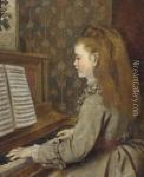 Portrait Of A Girl, Seated Half-length, In A Grey Dress, Playing The Piano Oil Painting - Sophie Gengembre Anderson