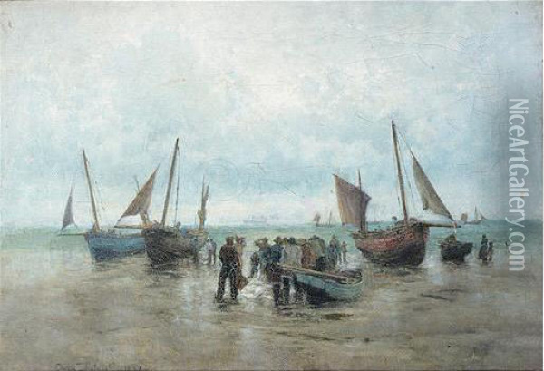 Beach Scene, Signed And Dated 1890, Oil On Canvas, 40.5 X 56 Cm.; 16 X 22 In Oil Painting - Owen Dalziel