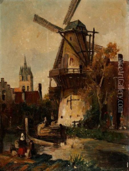 Townscape With Windmill Oil Painting - Jan Jacob Coenraad Spohler