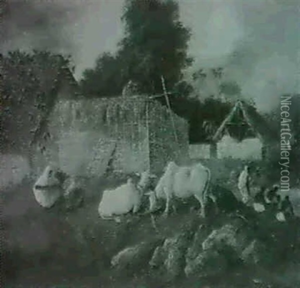 Figures And Cattle Before A Village Oil Painting - George Chinnery