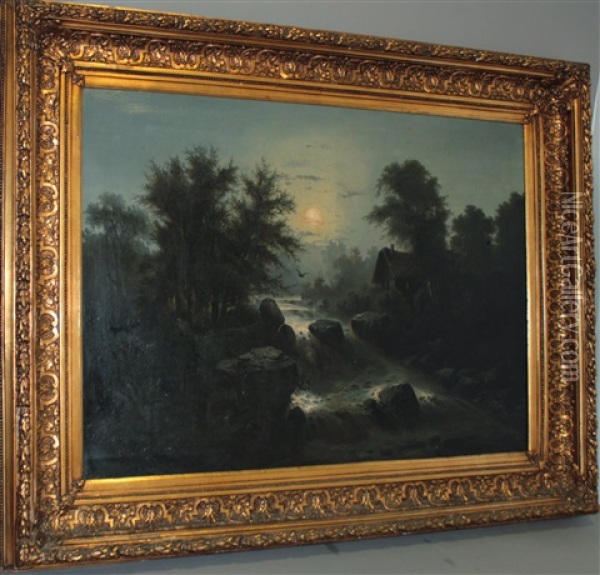 Flusslandschaft Bei Mondschein Oil Painting - Julius Zopf