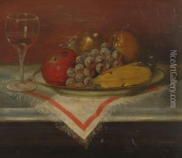 Still Life With Fruit And A Wineglass On A Marble Tabletop Oil Painting - Charles A. Mills