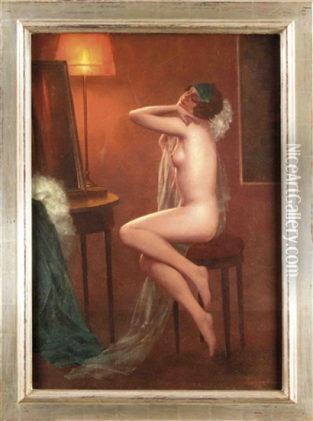 Jugendstil-frauenbildnis, Sich Erotisch Streckende Junge Frau Mit Einem Transparenten Schleier Oil Painting - Eduard Ansen-Hofmann