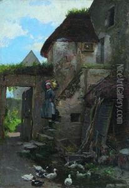 Jungbauerin Mit Enten Im
 Hof. Oil Painting - Henry Mosler