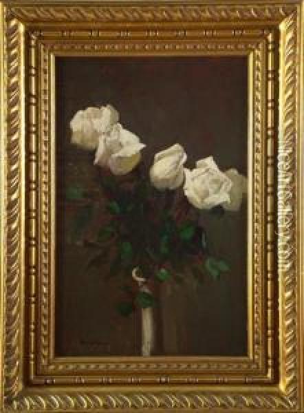 Vaso Di Rose Bianche Oil Painting - Luigi Serralunga