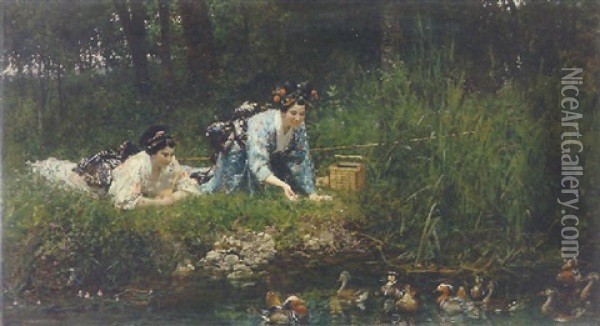 Feeding The Ducks Oil Painting - Marie Francois Firmin-Girard