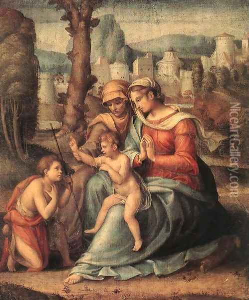 Madonna with Child, St Elisabeth and the Infant St John the Baptist Oil Painting - Francesco Ubertini Bacchiacca II