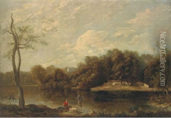Men Fishing By A River With Woods Beyond Oil Painting - William Traies