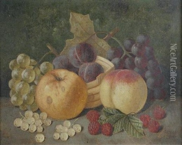 Still Life Of Apples, Plums, Raspberries And Grapes On A Ledge Oil Painting - George Crisp