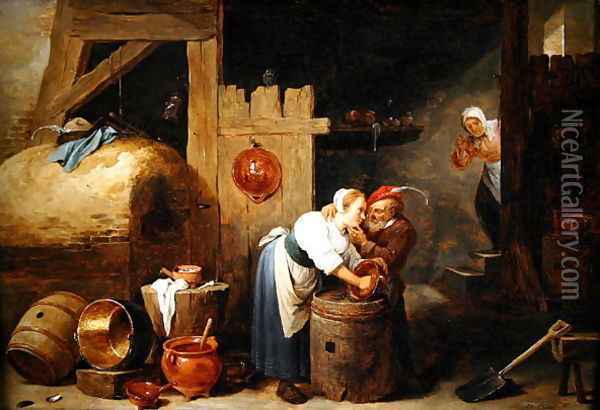 Interior scene with a young woman scrubbing pots while an old man makes advances, c.1644-45 Oil Painting - David The Younger Teniers
