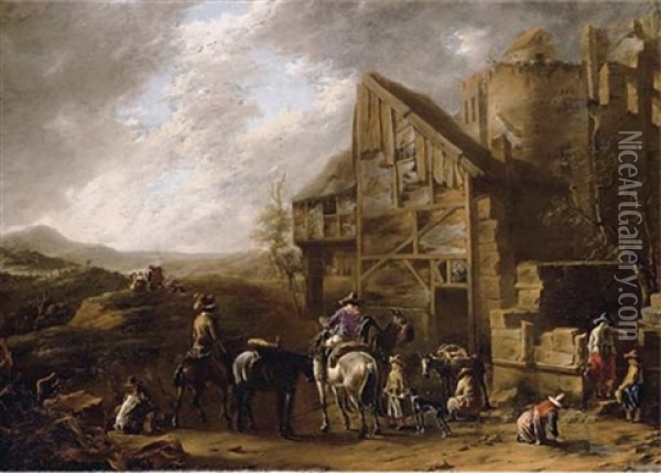 Travellers At Rest Near A Fortified Village In Ruins Oil Painting - Antoon Goubau