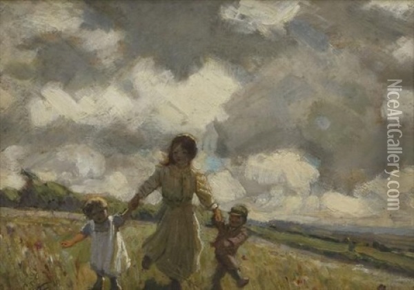 Children Running Through A Field Oil Painting - Sydney Carter