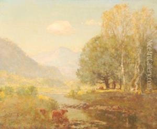 Cattle Watering In A River Landscape Oil Painting - David Murray