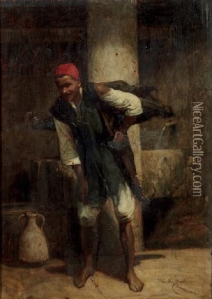 Porteur D'eau A La Chechia Rouge Water Bearer With A Red Chechia Oil Painting - Etienne Billet