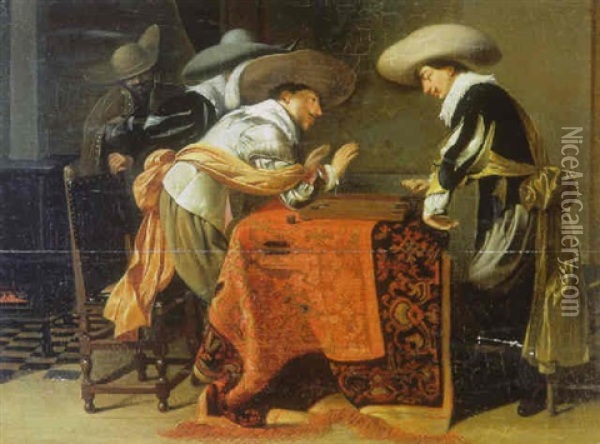 Soldiers Playing Backgammon At A Table With An Oriental Rug Oil Painting - Willem Cornelisz Duyster