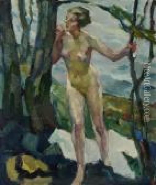 Weiblicher Akt Am Baum Oil Painting - Leo Putz
