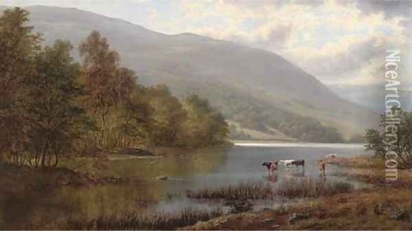 Cattle watering in a river landscape Oil Painting - William Mellor