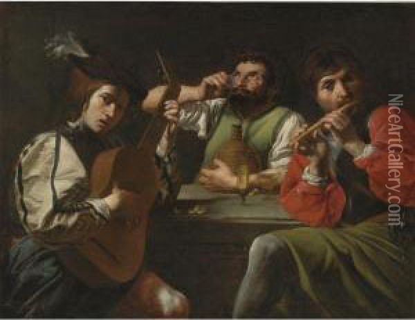 Musicians And Drinkers In An Interior Oil Painting - Valentin De Boulogne