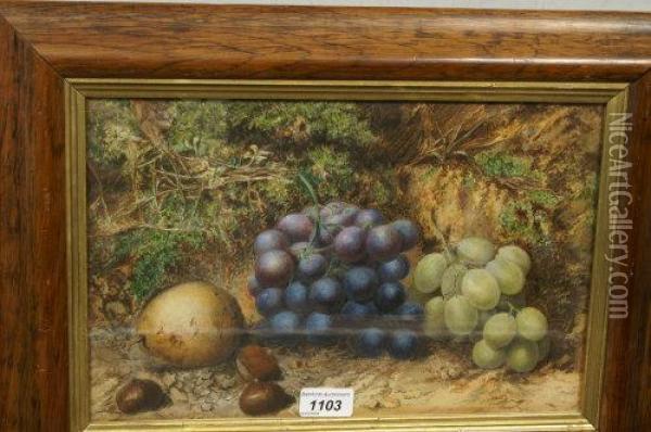 Still Life Of Grapes, Chestnuts And Pear, On A Mossy Bank Oil Painting - L. Hunt