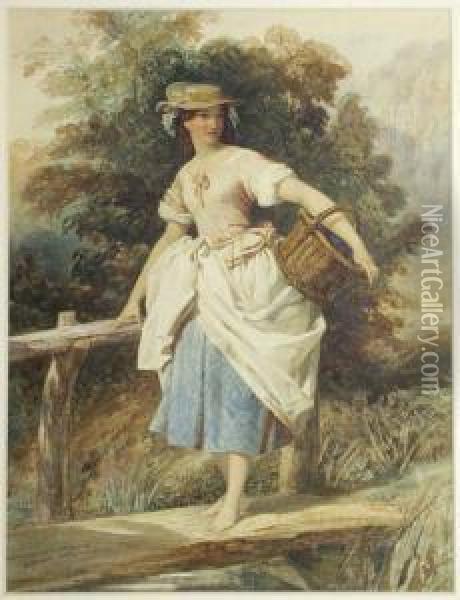 Country Girl On A Wooden 
Footbridge Crossing A Stream Signed, Also Dated 