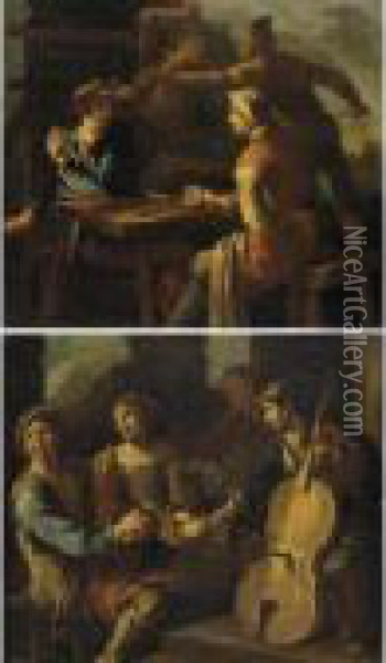 Giocatori Di Carte; Scena Di Genere Con Musicisti Oil Painting - Giacomo Francesco Cipper