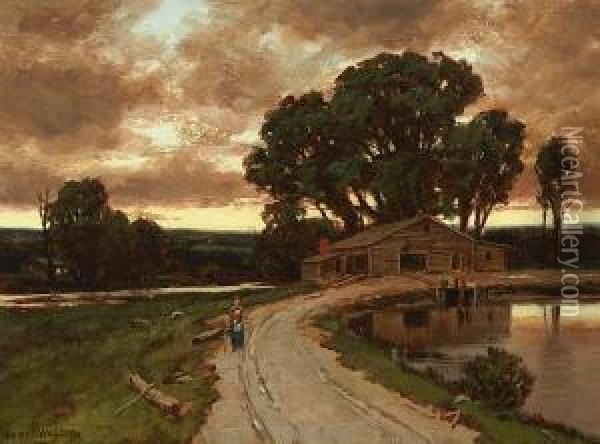 Figure On The Road And Farmhouse At Sunset Oil Painting - Homer Ransford Watson
