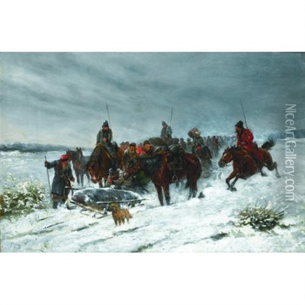 A Winter Landscape With Horsemen And Numerous Figures On A Track With A Sled And Dog In The Foreground Oil Painting - Adolf (Constantin) Baumgartner-Stoiloff