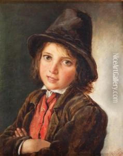 Portret Chlopca W Kapeluszu Oil Painting - Ludwik Wiesioeowski
