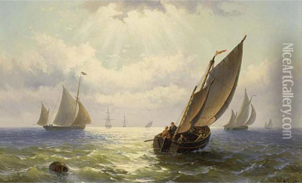 Sailing Vessels On A Calm Sea Oil Painting - Willem Jun Gruyter