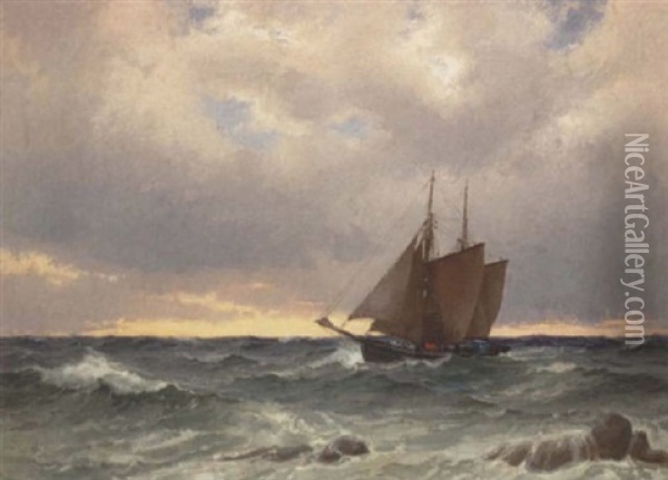Fiskekutter Pa Havet Ved Solnedgangstide Oil Painting - Alfred Serenius Jensen