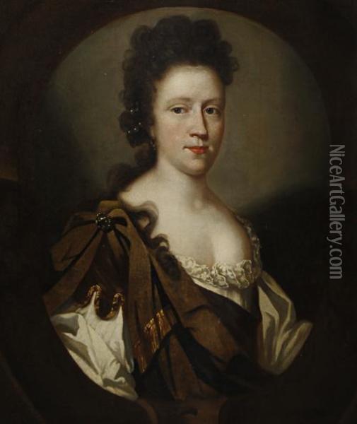 Portrait Of A Lady, Half-length, In A White Costume And Brown Sash, With A Painted Stone Cartouche Oil Painting - Mary Beale