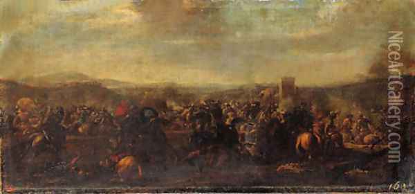 A cavalry battle between Christians and Turks, a castle beyond Oil Painting - Jacques Courtois