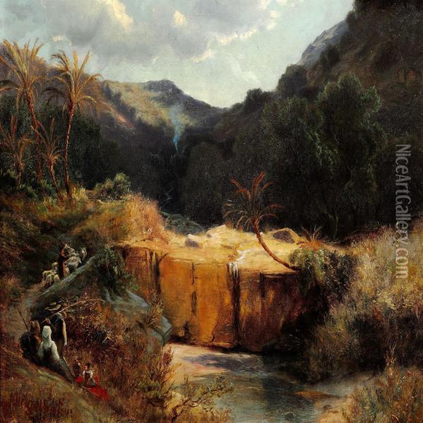 Landscape With Palm Trees And Men Resting Oil Painting - Fritz Klingelhofer